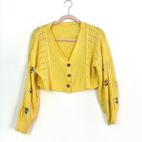 Yellow Cropped Sweater | Purple Floral Embroidery - Picture 4 of 4